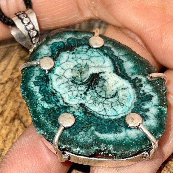 Blue Green Large Round Solar Quartz Pendant 2” - Picture 3 of 9